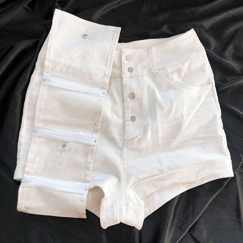 Women's Summer Corduroy High Waist Buttoned Shorts With Big Pocket