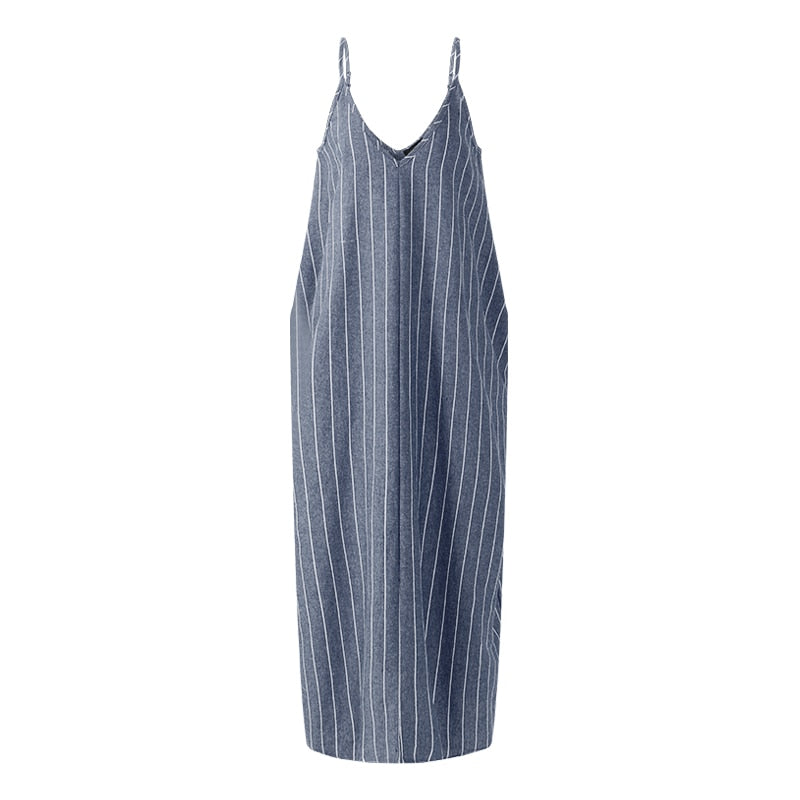 Women's Summer Casual Striped Beach V-Neck Long Dress