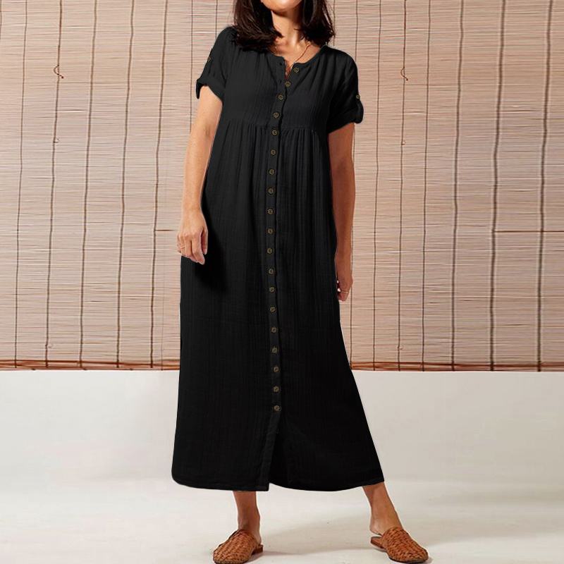 Women's Summer Casual Loose O-Neck Dress With Buttons