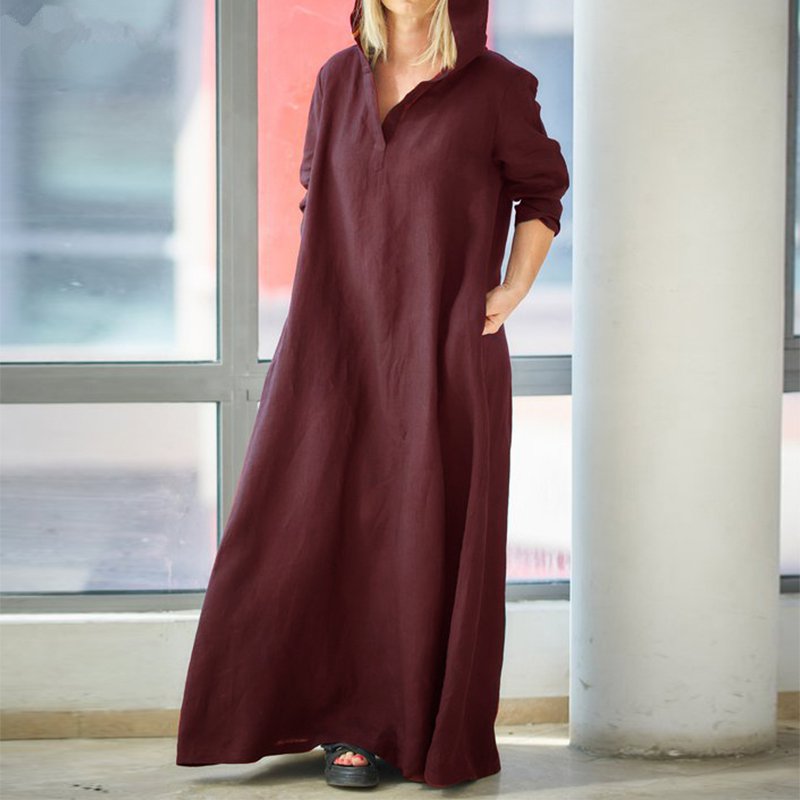 Women's Autumn Casual Linen Hooded Loose Maxi Dress