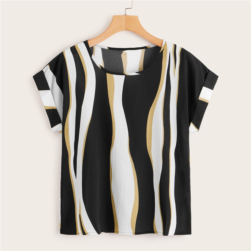 Women's Summer Polyester Striped O-Neck Blouse