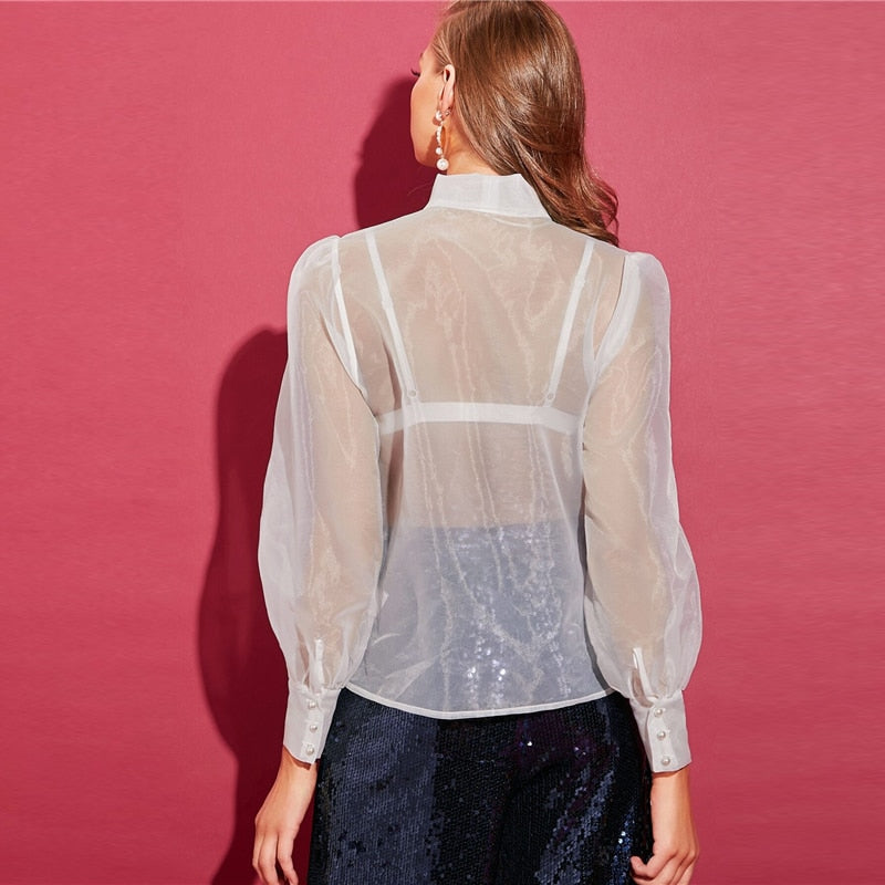 Women's Summer Polyester Mesh Puff-Sleeved Blouse