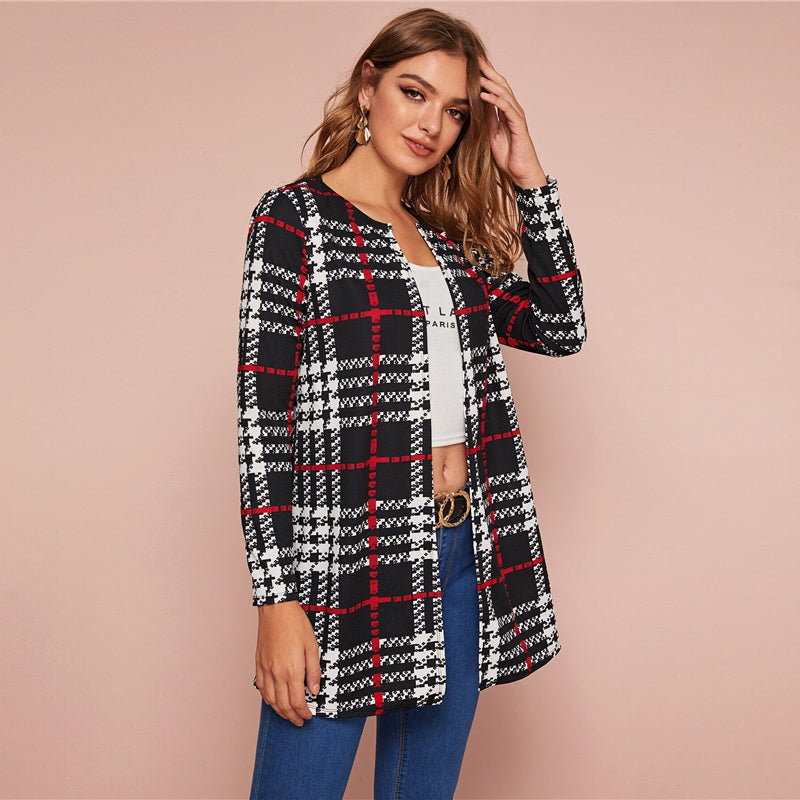 Women's Casual O-Neck Long-Sleeved Cardigan With Plaid Print