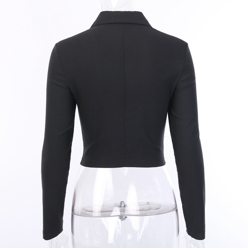 Women's Autumn Solid Elastic Turn-Down Collar Cropped Shirt