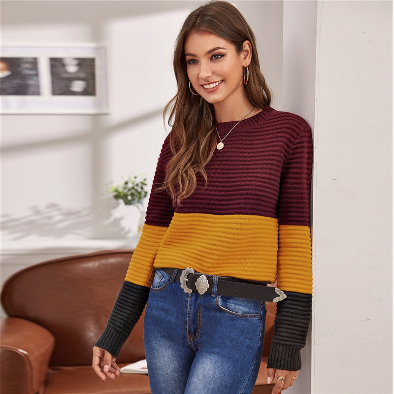 Women's Autumn Casual Patchwork O-Neck Sweater