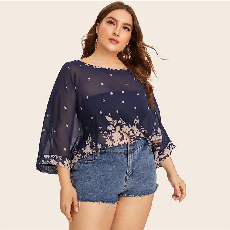 Women's Summer Casual O-Neck Blouse With Floral Print | Plus Size