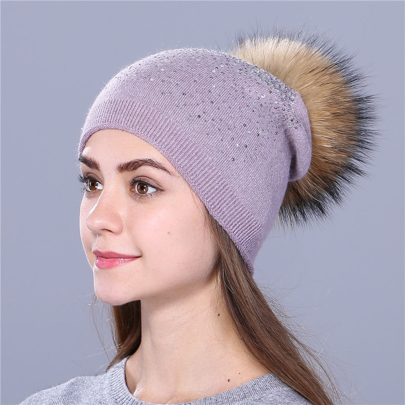Women's Winter Knitted Hat With Pompom & Sequins