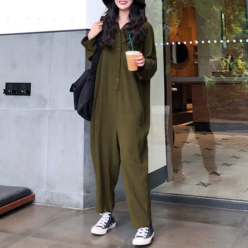 Women's Spring Casual Cotton Loose Jumpsuit With Buttons