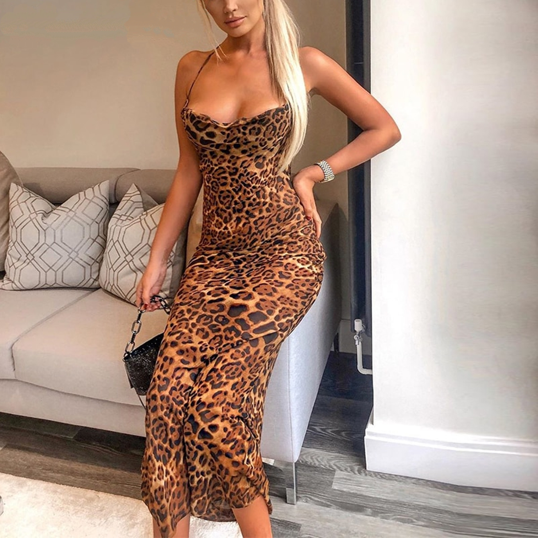 Women's Summer Slim Backless Maxi Dress With Leopard Print