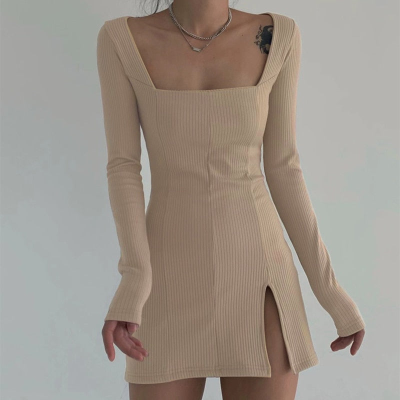 Women's Spring/Autumn Square Neck Ribbed Knitted Side Split Long Sleeve Bodycon Mini Dress