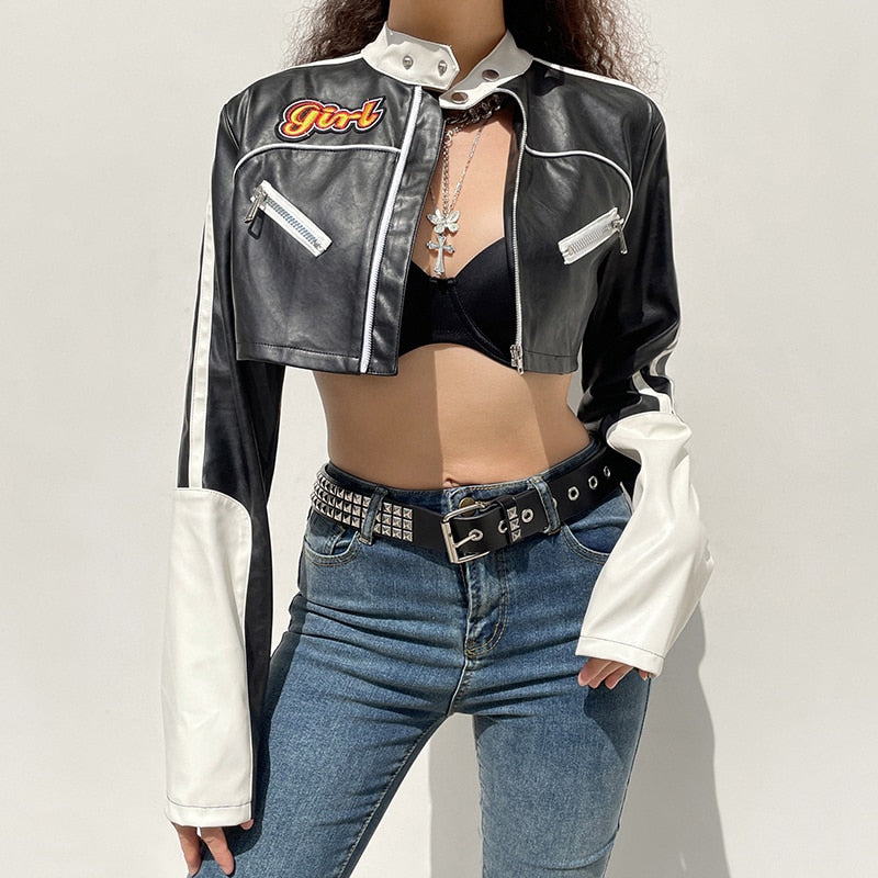 Women's Spring/Autumn Punk Style Patchwork Cropped PU Leather Jacket