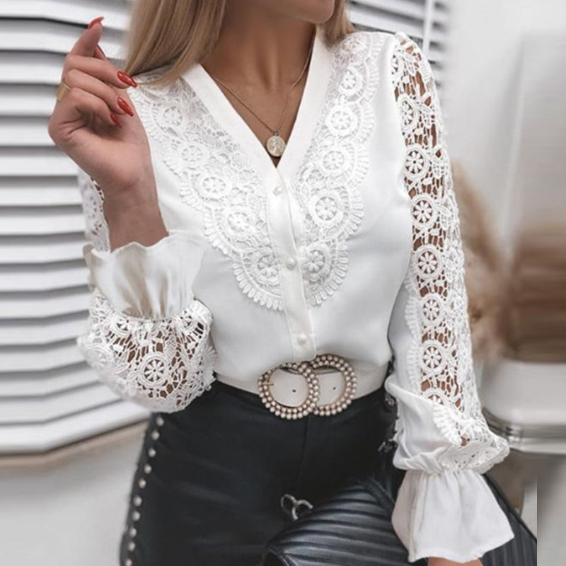 Women's Summer Hollow Out Lace Blouse with Stand Neck