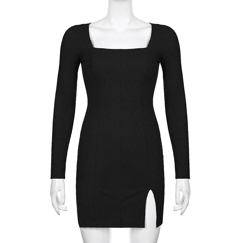 Women's Spring/Autumn Square Neck Ribbed Knitted Side Split Long Sleeve Bodycon Mini Dress