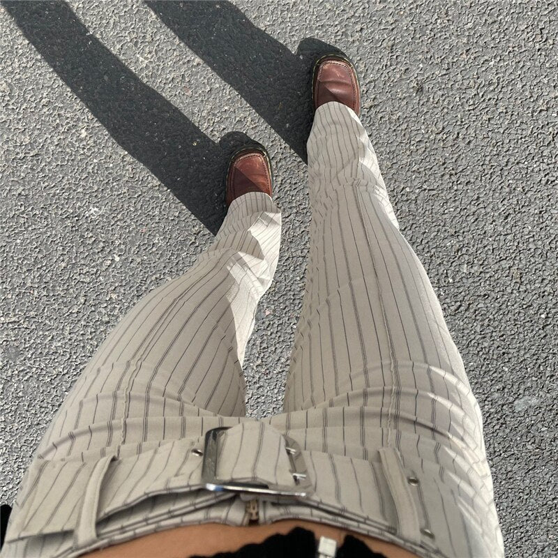 Women's Spring/autumn Straight Casual Striped Pants With Belt