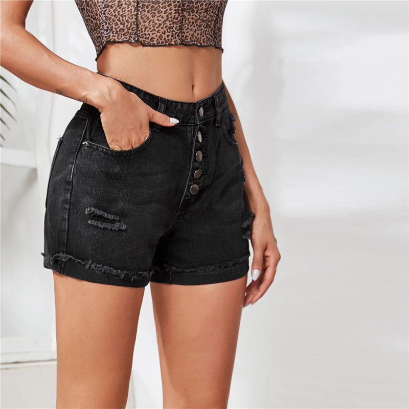Women's Summer Casual High Waist Black Jeans Shorts