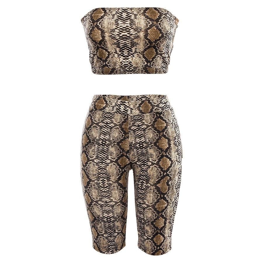 Women's Summer Snake Skin Pattern Fitness Set | Sleeveless Top & Elastic Waist Shorts