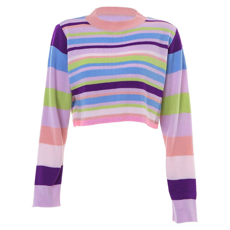 Women's Autumn Soft Knitted Striped Short Sweater