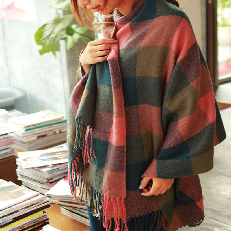 Women's Autumn/Winter Warm Cashmere Wool Plaid Blanket Scarf