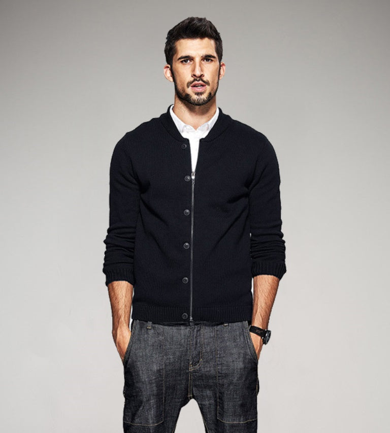Men's Spring Zippered Knitted Slim Cardigan With Decorative Buttons
