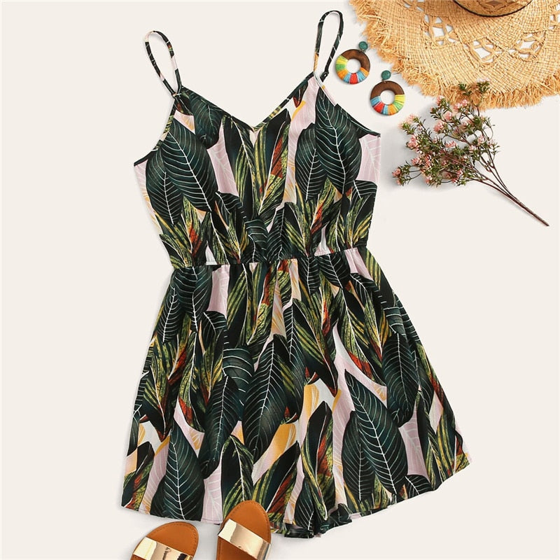 Women's Summer Plus Size Jumpsuit With Jungle Leafs Print