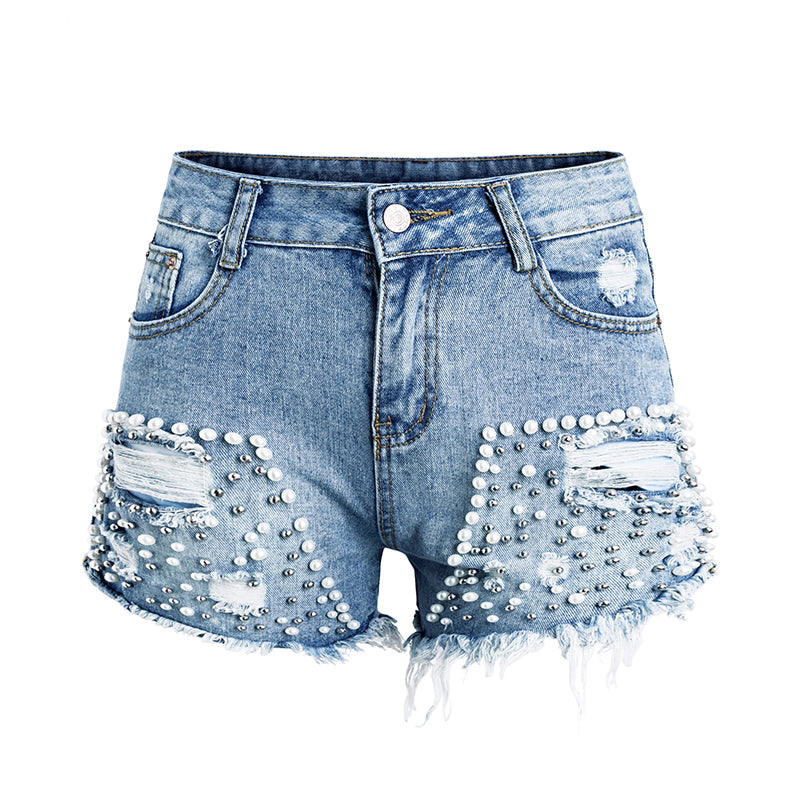 Women's Summer Pearl Denim Shorts With Holes - Zorket