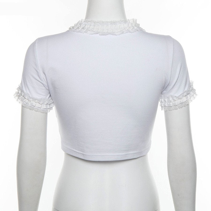 Women's Summer Casual Cotton Cropped T-Shirt With Lace Trim