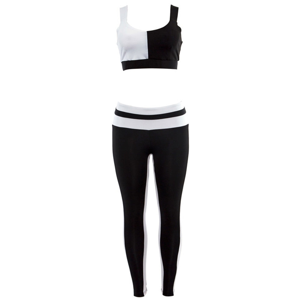 Women's Summer Black&White Patchwork Fitness Set | Top & Leggings