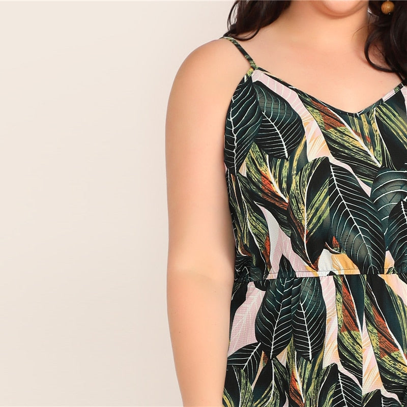 Women's Summer Plus Size Jumpsuit With Jungle Leafs Print