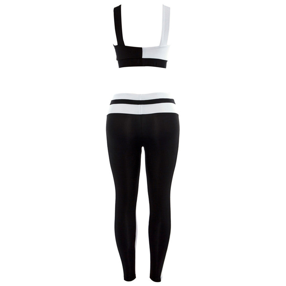 Women's Summer Black&White Patchwork Fitness Set | Top & Leggings