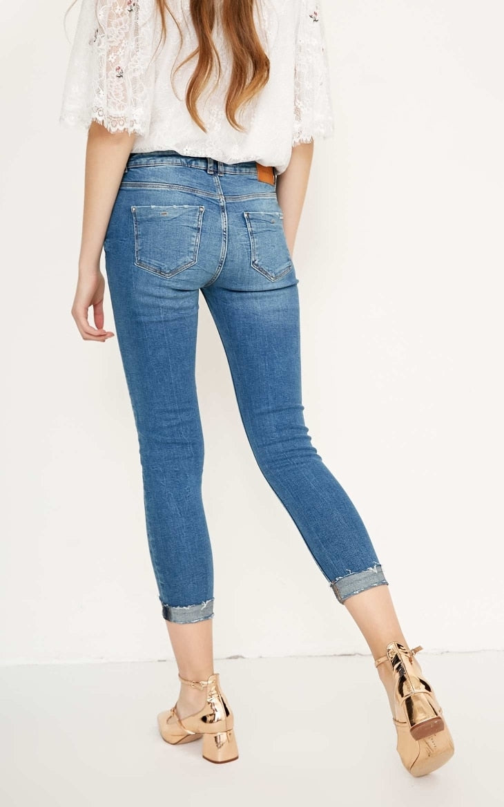 Women's Spring/Autumn Ripped Cropped Slim Strech Jeans