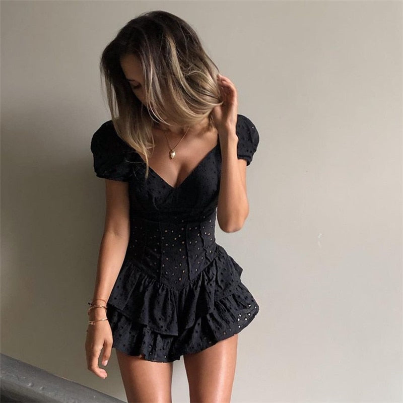 Women's Summer/Spring Pleated Puff Sleeve V-Neck Dress with Ruffles