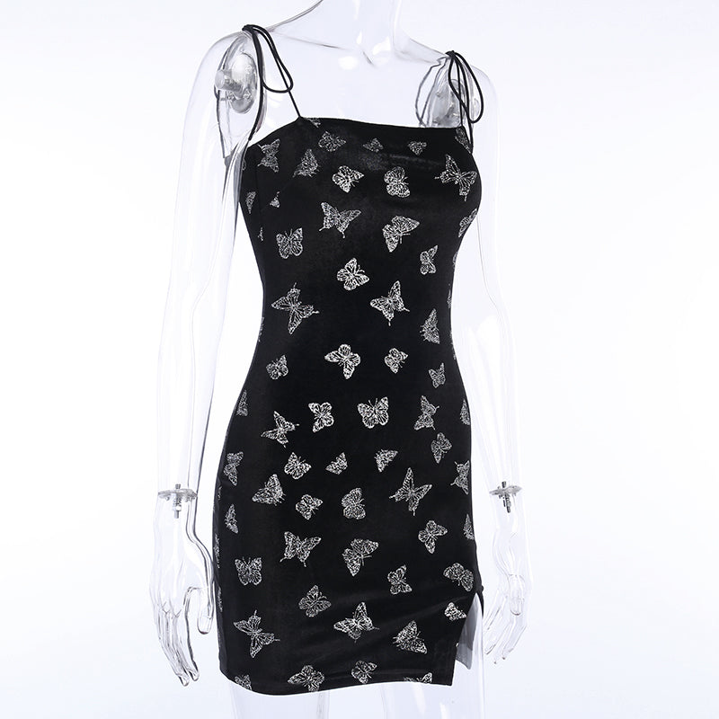 Women's Velvet Bodycon Split Mini Dress With Butterfly Print