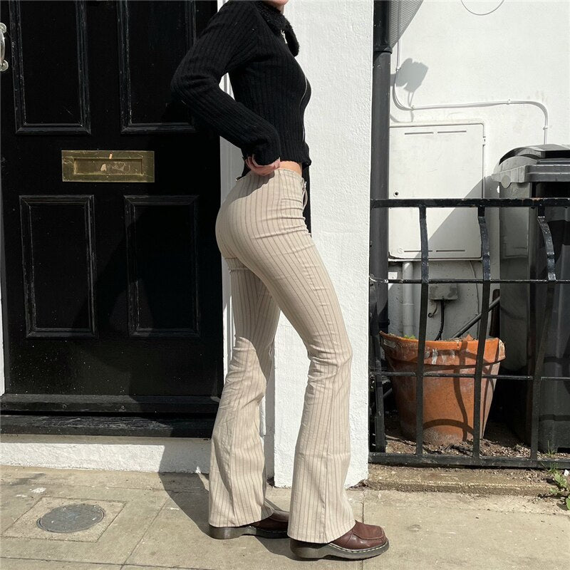 Women's Spring/autumn Straight Casual Striped Pants With Belt