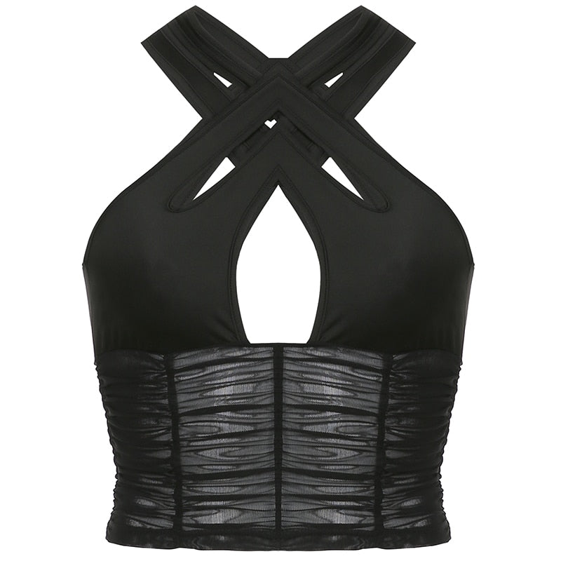 Women's Summer Mesh Ruched Skinny Vest Cut Out Criss-Cross Transparent Crop Top