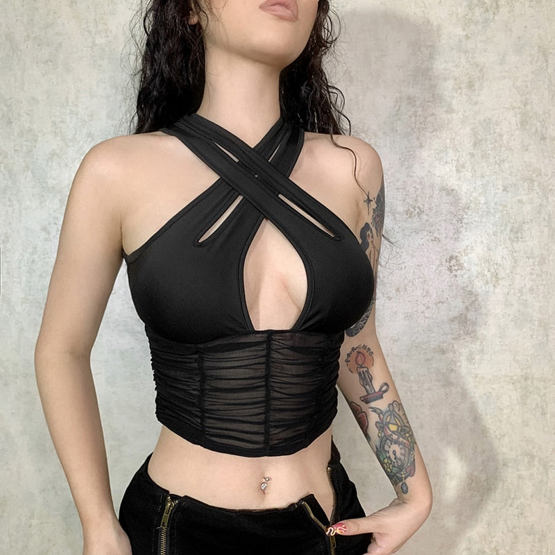 Women's Summer Mesh Ruched Skinny Vest Cut Out Criss-Cross Transparent Crop Top
