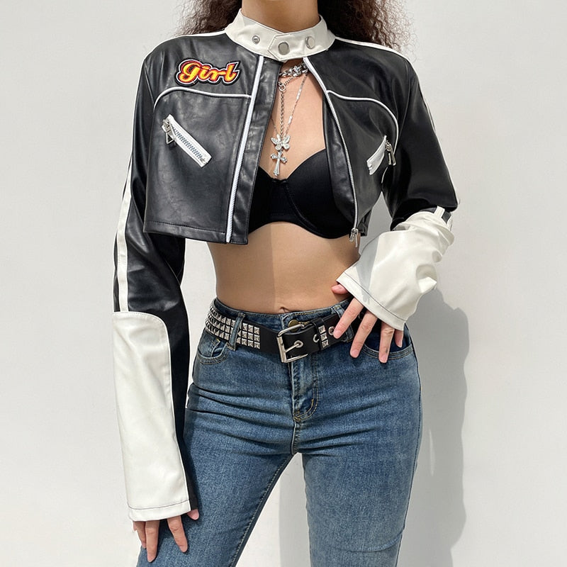 Women's Spring/Autumn Punk Style Patchwork Cropped PU Leather Jacket