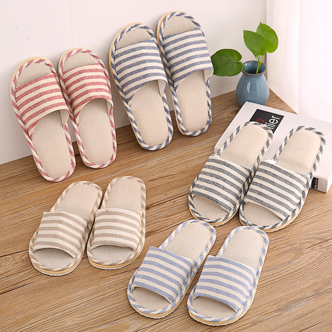 Women's Summer Casual Striped Linen Home Slippers