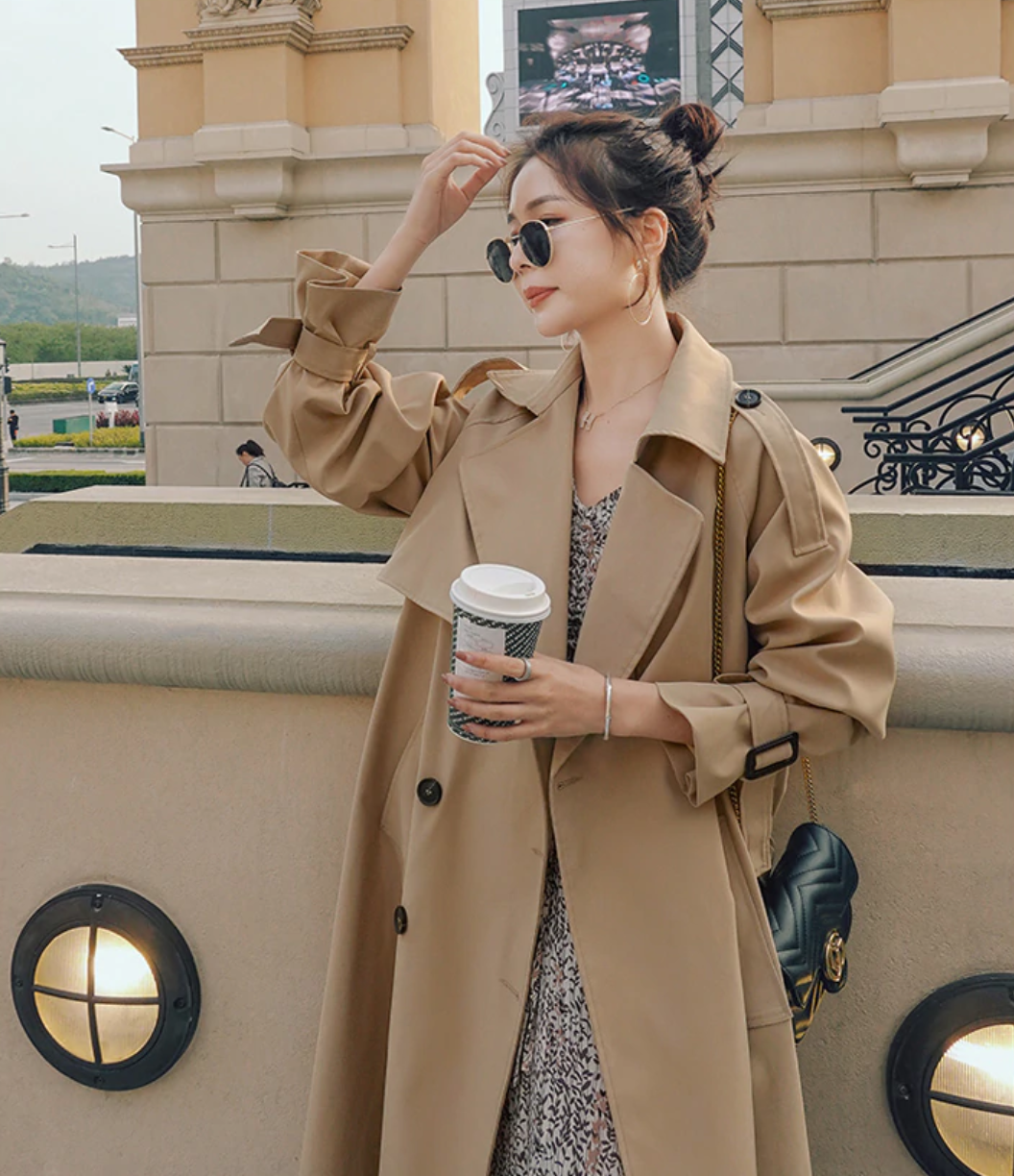 Women's Spring/Autumn Long Double Breasted Khaki Trench Coat  With Belt