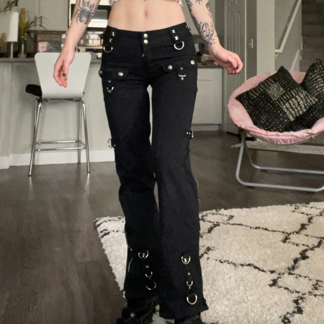 Women's Spring/Autumn Punk Gothic Low Waist Pants with Rivets