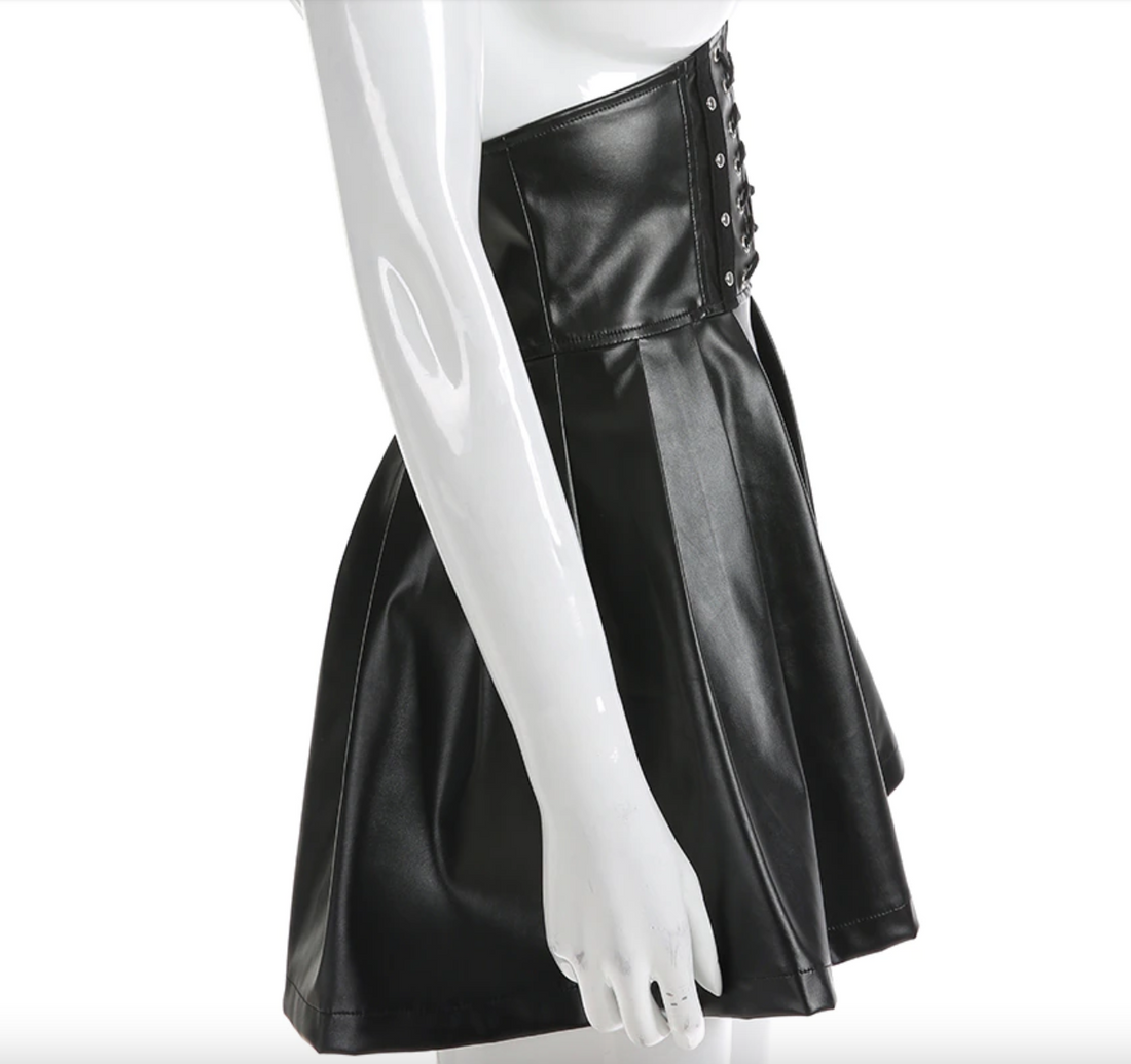 Women's Summer Gothic Bandage Faux Leather Black Mini Pleated Skirt