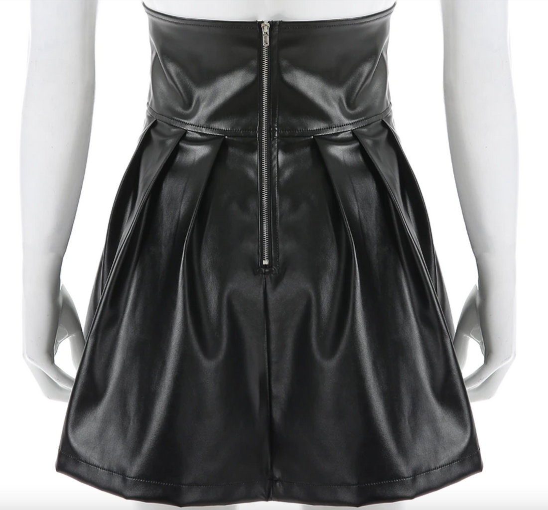 Women's Summer Gothic Bandage Faux Leather Black Mini Pleated Skirt
