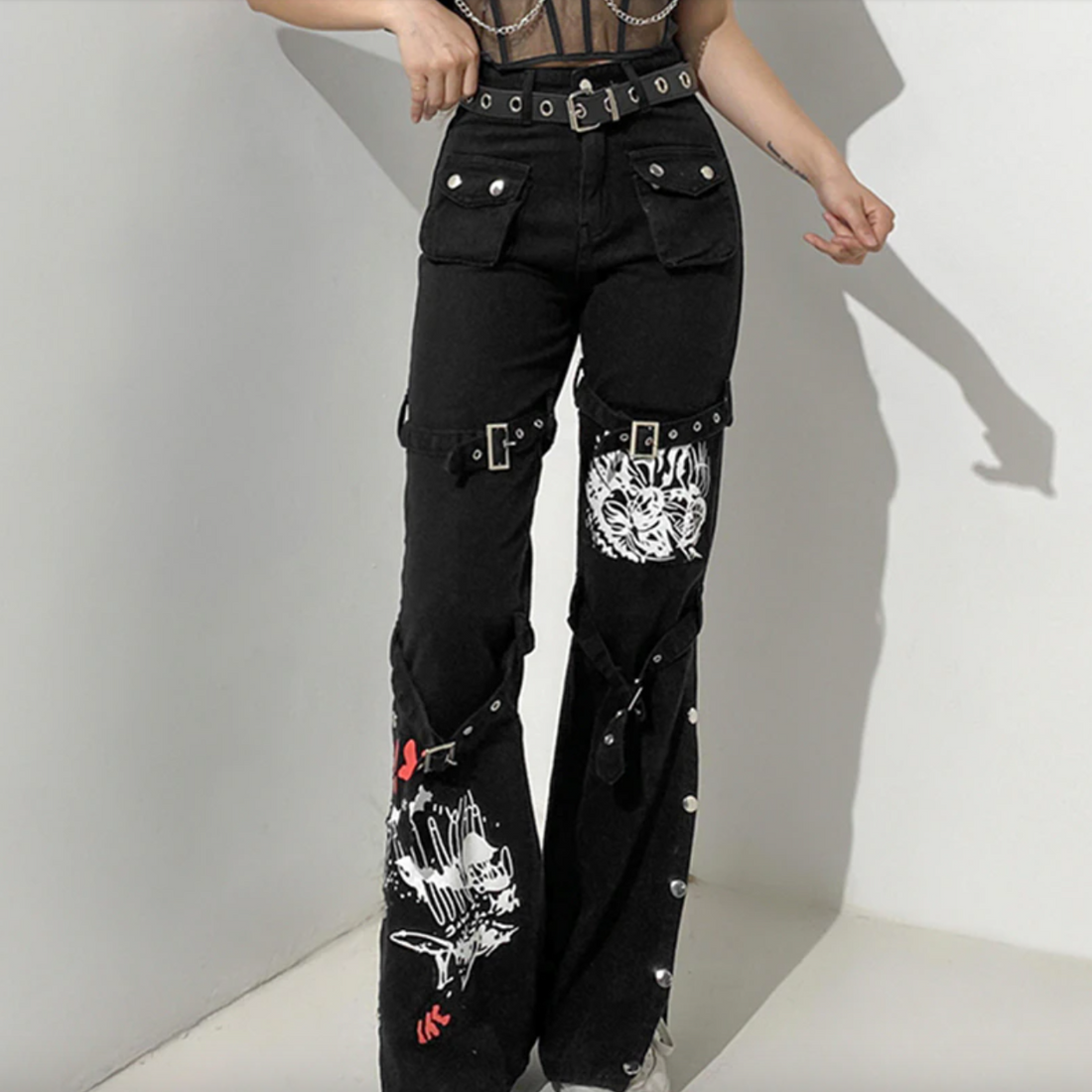 Women's Spring/Autumn Gothic Bandage Baggy Punk Style Hight Waist Pants
