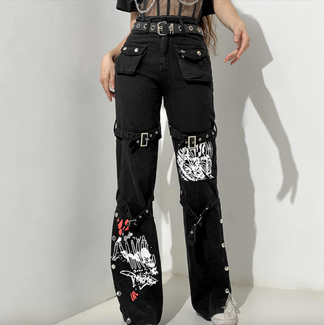 Women's Spring/Autumn Gothic Bandage Baggy Punk Style Hight Waist Pants