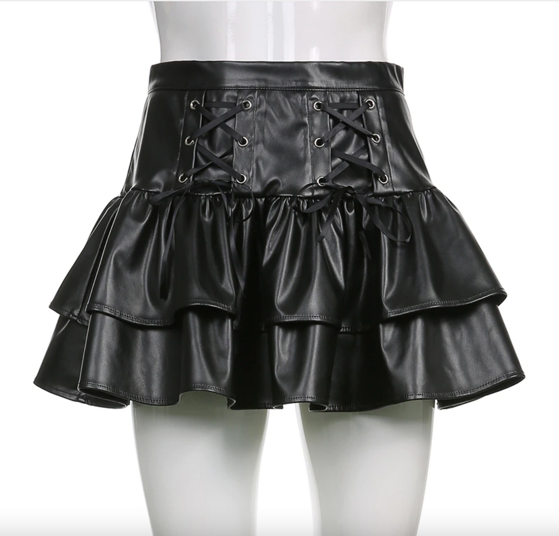 Women's Summer Punk Style PU Leather Lace Up Hight Waist Mini Skirt