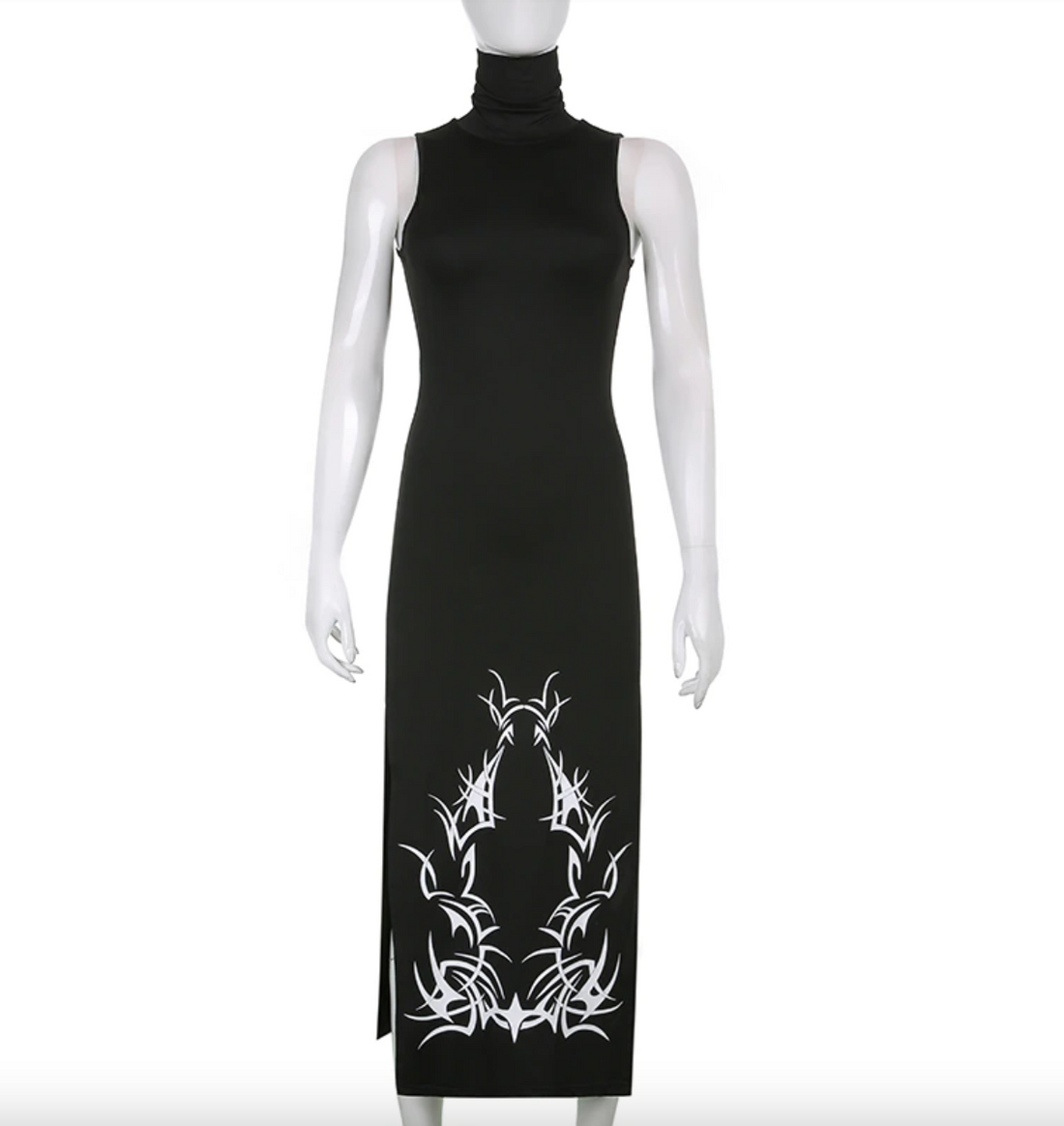 Women's Summer Gothic Print Midi Turtleneck Long Sleeveless Dress