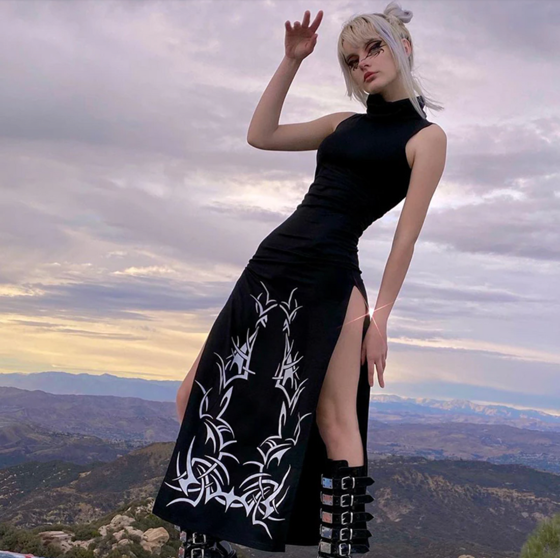 Women's Summer Gothic Print Midi Turtleneck Long Sleeveless Dress