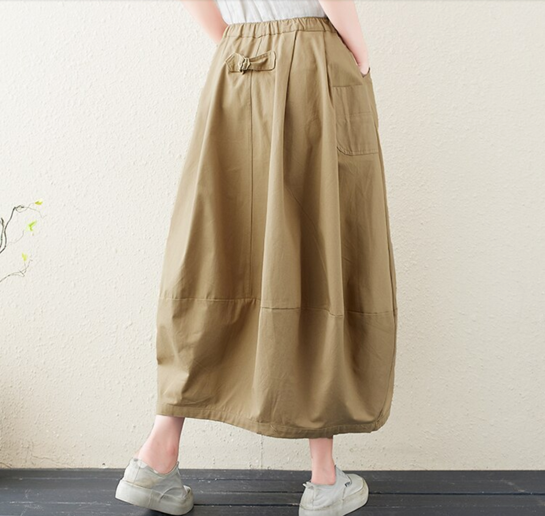 Women's Summer Cotton Loose Elastic Waist A-line Skirt