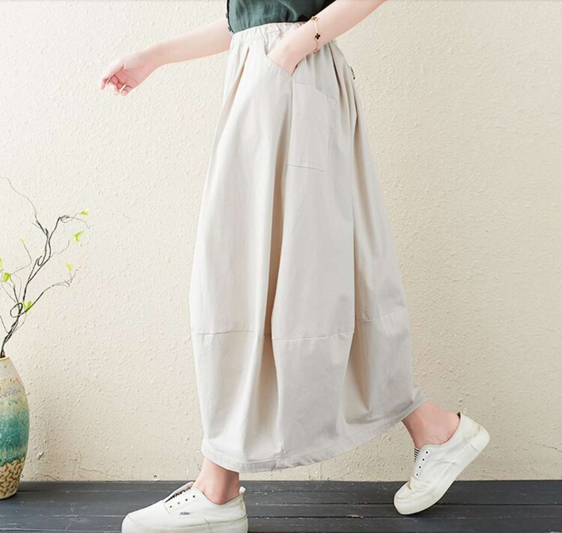 Women's Summer Cotton Loose Elastic Waist A-line Skirt