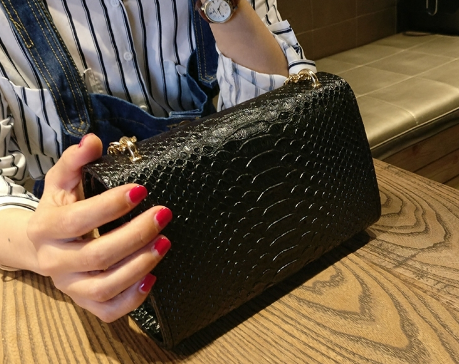 Women's Crocodile Bag With Flap | Small Clutch With Gold Chain