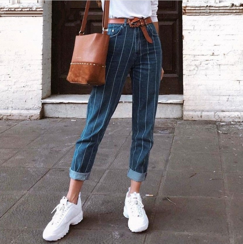 Women's Spring/Autumn Striped Loose Straight Jeans